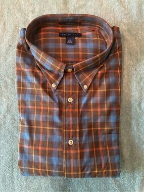 Lands' End Men's XXL Brown, Blue & Gold Plaid Button-Down Shirt